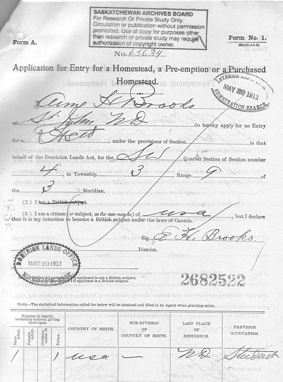 Form A Application for Entry to Canada and for a Homestead in Lafleche Saskatchewan - Aimé  Brooks